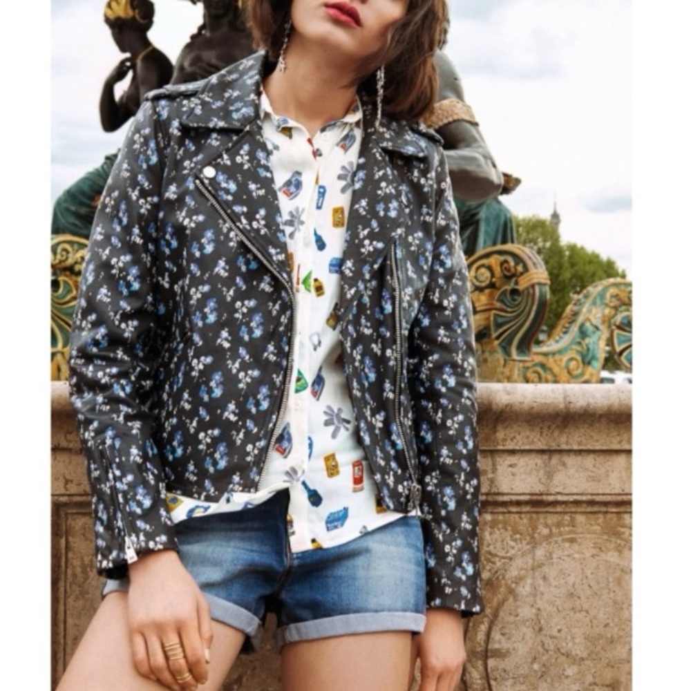 Claudie Pierlot Black Floral Biker Leather Jacket